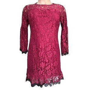 AlOfa Burgundy‎ Lace Shift Dress Black Accents Bell Sleeves Size XL Wedding NEW